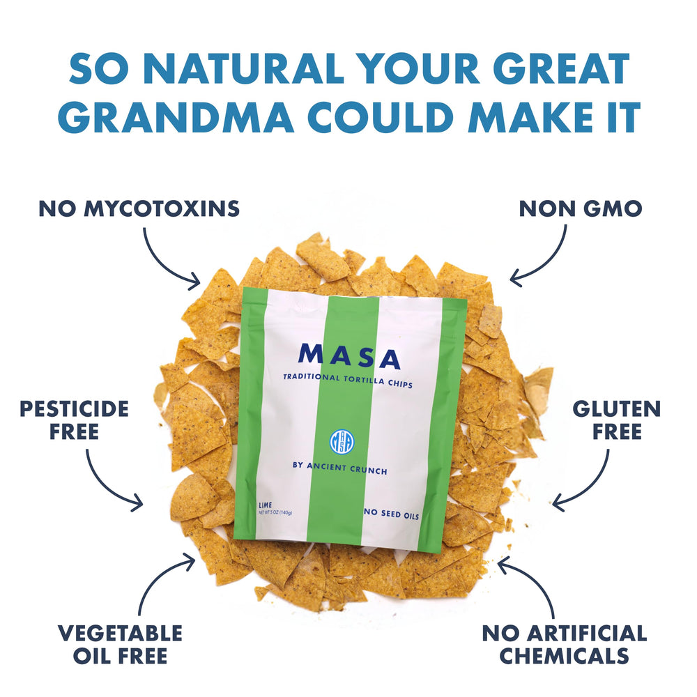 Ancient Crunch MASA Lime Chips with lime wedges highlighting fresh citrus