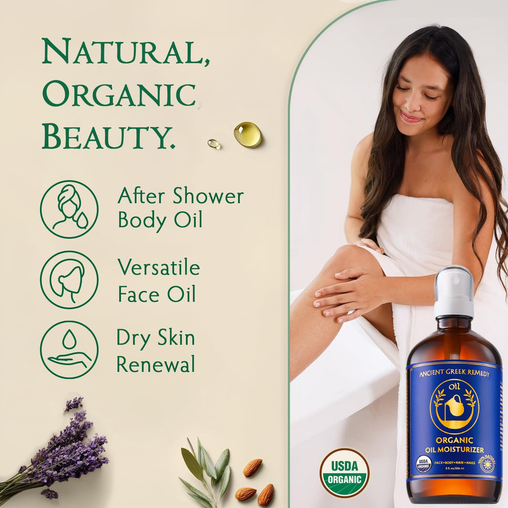 Ancient Greek Remedy face oil application smooths skin and preps makeup.
