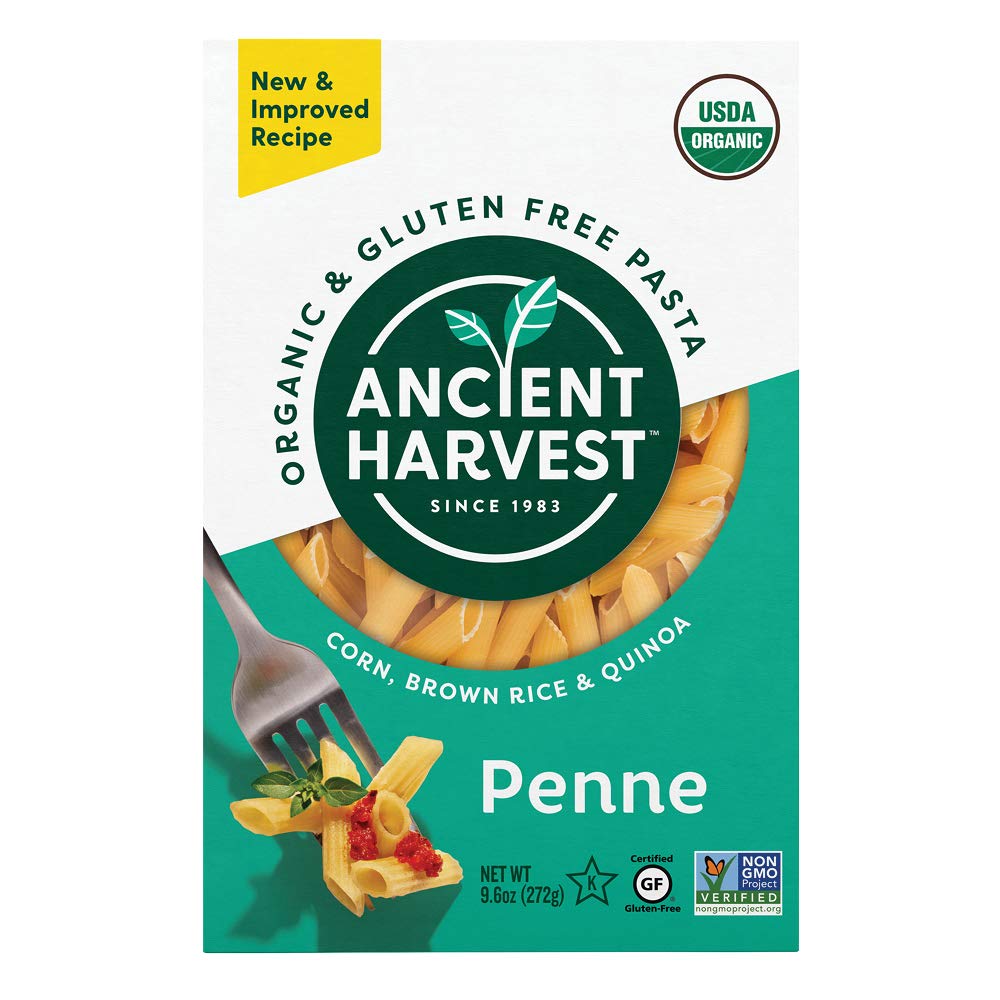 Ancient Harvest Organic Penne Quinoa pack shot highlights gluten-free convenience.