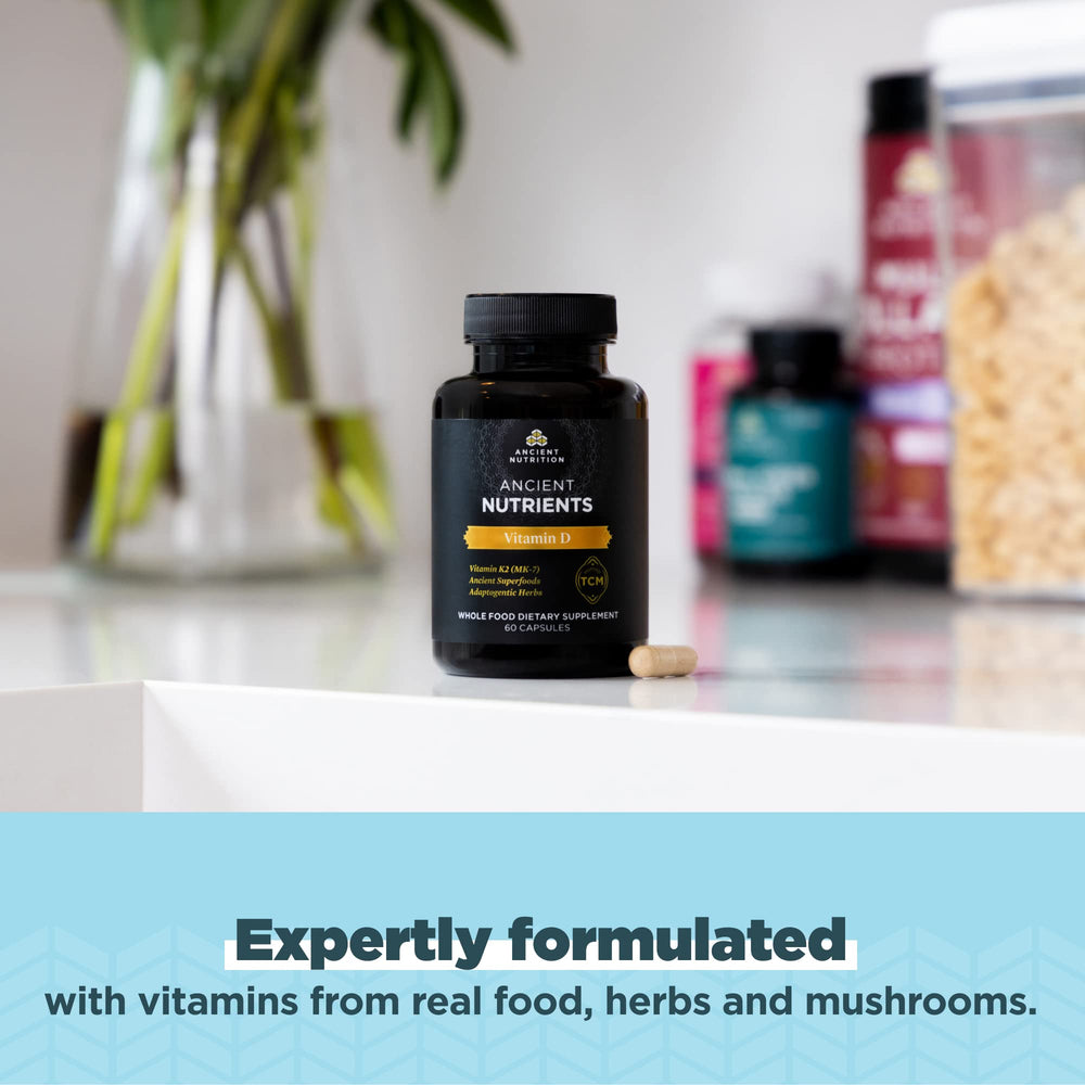 Ancient Nutrition bone broth and mushroom extract shows natural ingredients in capsule form.