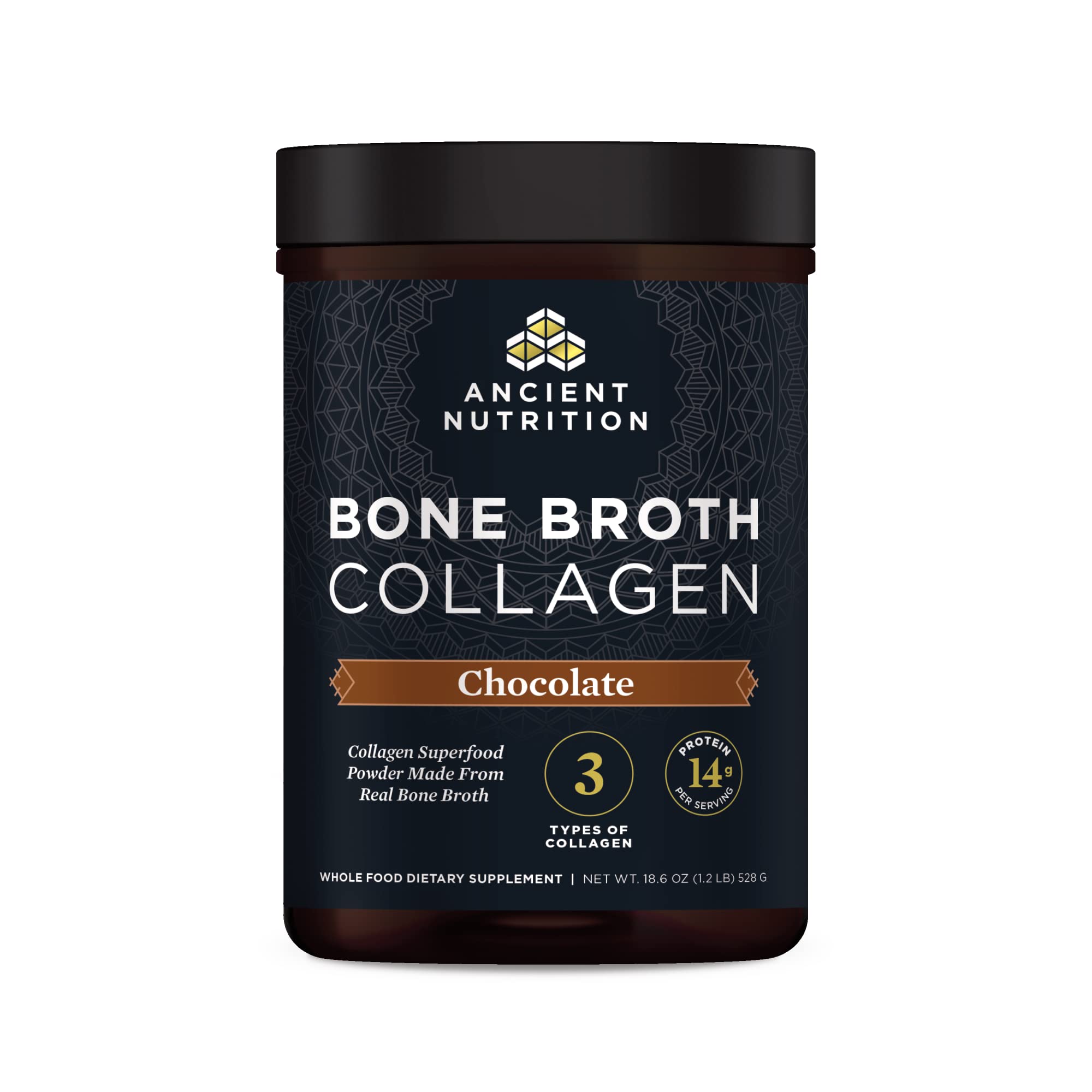 Ancient Nutrition bone broth collagen chocolate tub ready for daily shakes.