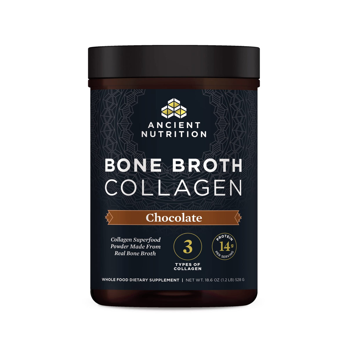 Ancient Nutrition bone broth collagen chocolate tub ready for daily shakes.