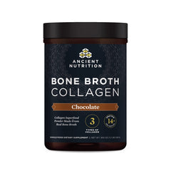 Ancient Nutrition bone broth collagen chocolate tub ready for daily shakes.