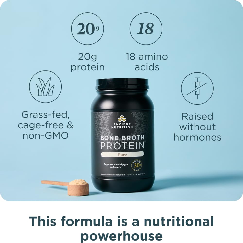 Ancient Nutrition bone broth protein powder chocolate jar; rich flavor for shakes and desserts.