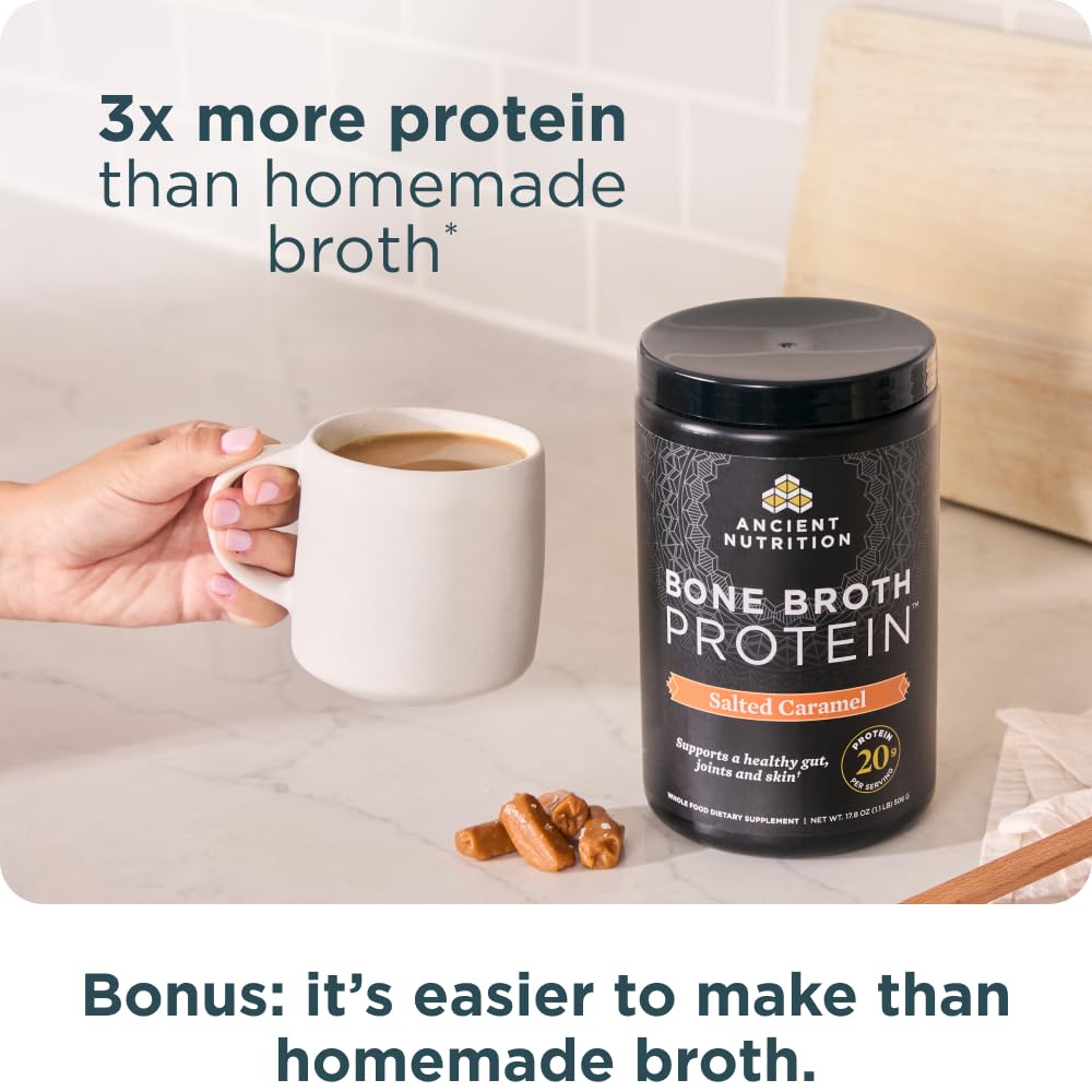 Ancient Nutrition Bone Broth Protein ingredients panel emphasizes collagen and amino acids.