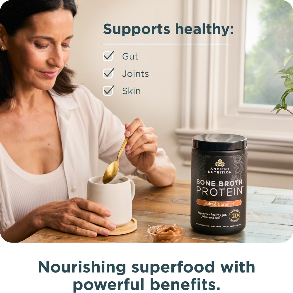 Ancient Nutrition Bone Broth Protein label highlights non-GMO and hormone-free ingredients.