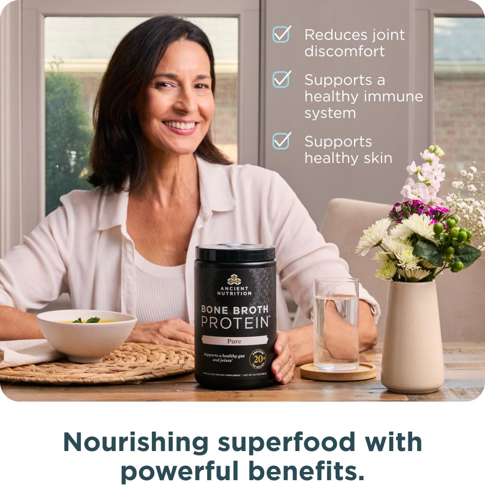 Ancient Nutrition bone broth protein pour glass showing quick mix