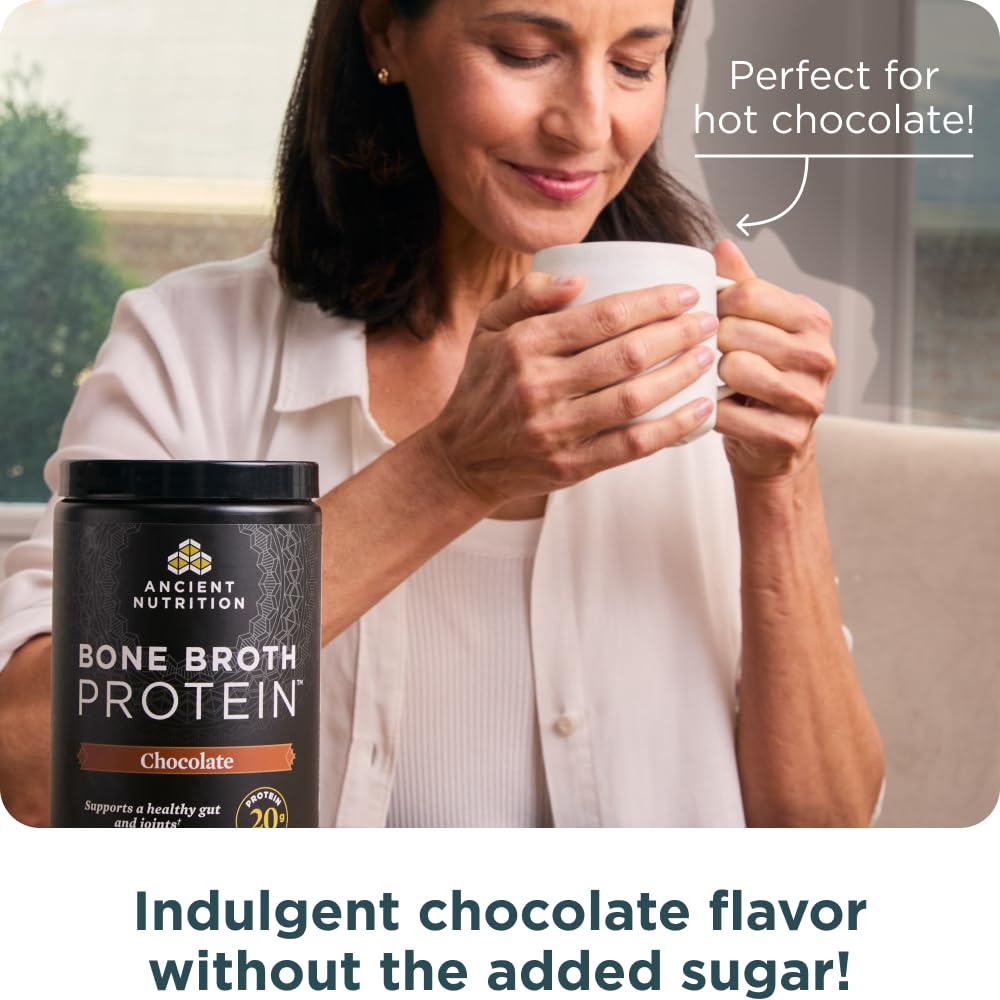 Ancient Nutrition canister open on kitchen counter ready for smoothie