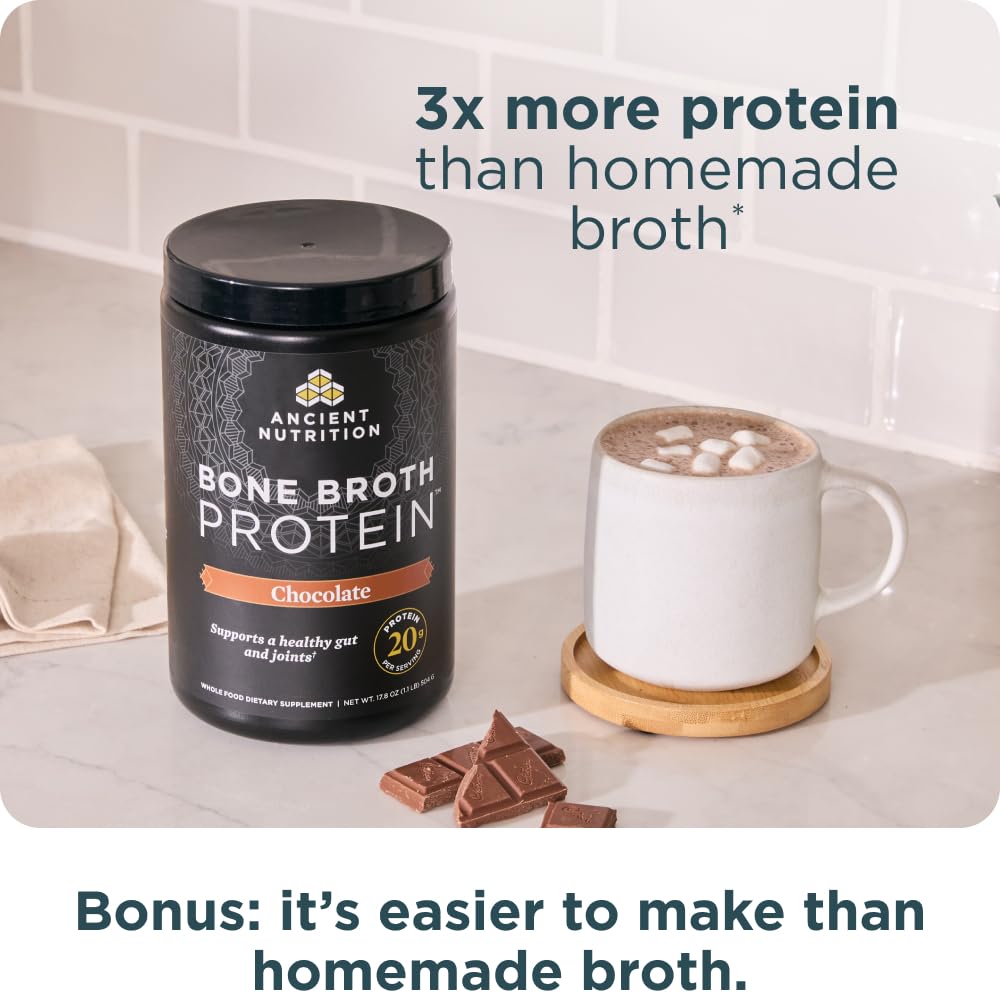 Ancient Nutrition bone broth protein powder chocolate ingredients panel detail