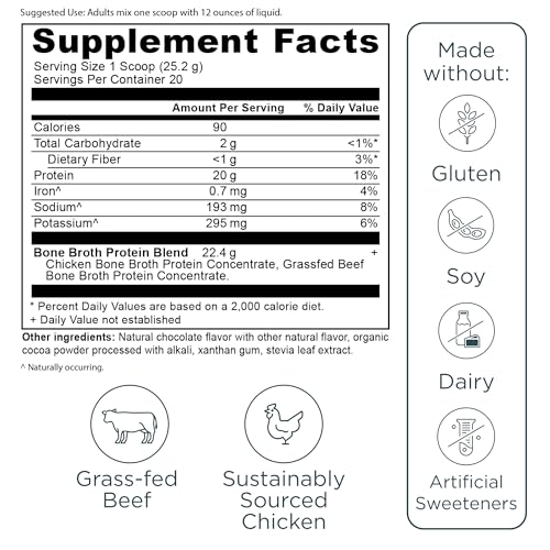 Ancient Nutrition bone broth protein powder chocolate setup in a healthy kitchen
