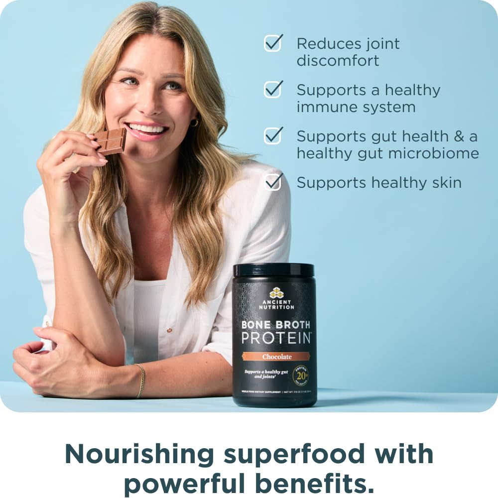 Ancient Nutrition bone broth protein powder chocolate label close up showing gluten-free note