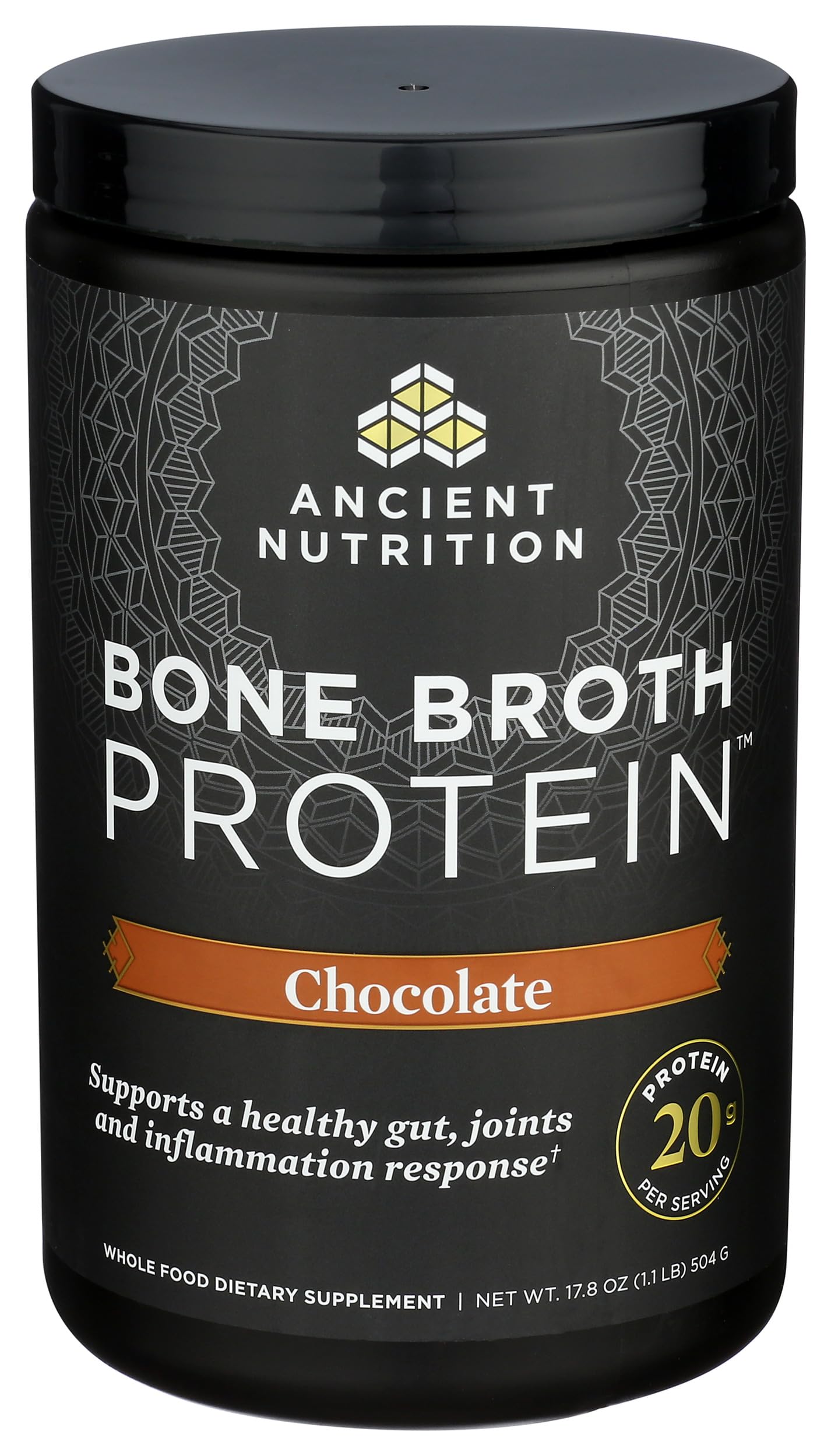 Ancient Nutrition bone broth protein powder chocolate being poured into mug for warmth