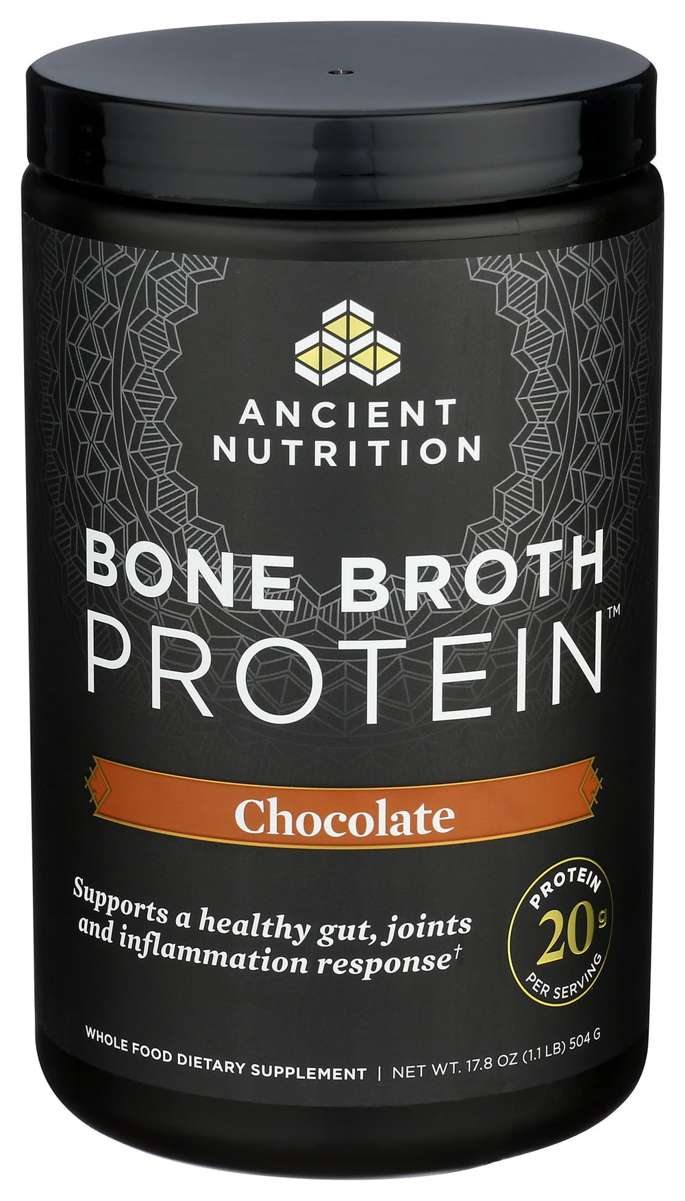 Ancient Nutrition bone broth protein powder chocolate being poured into mug for warmth