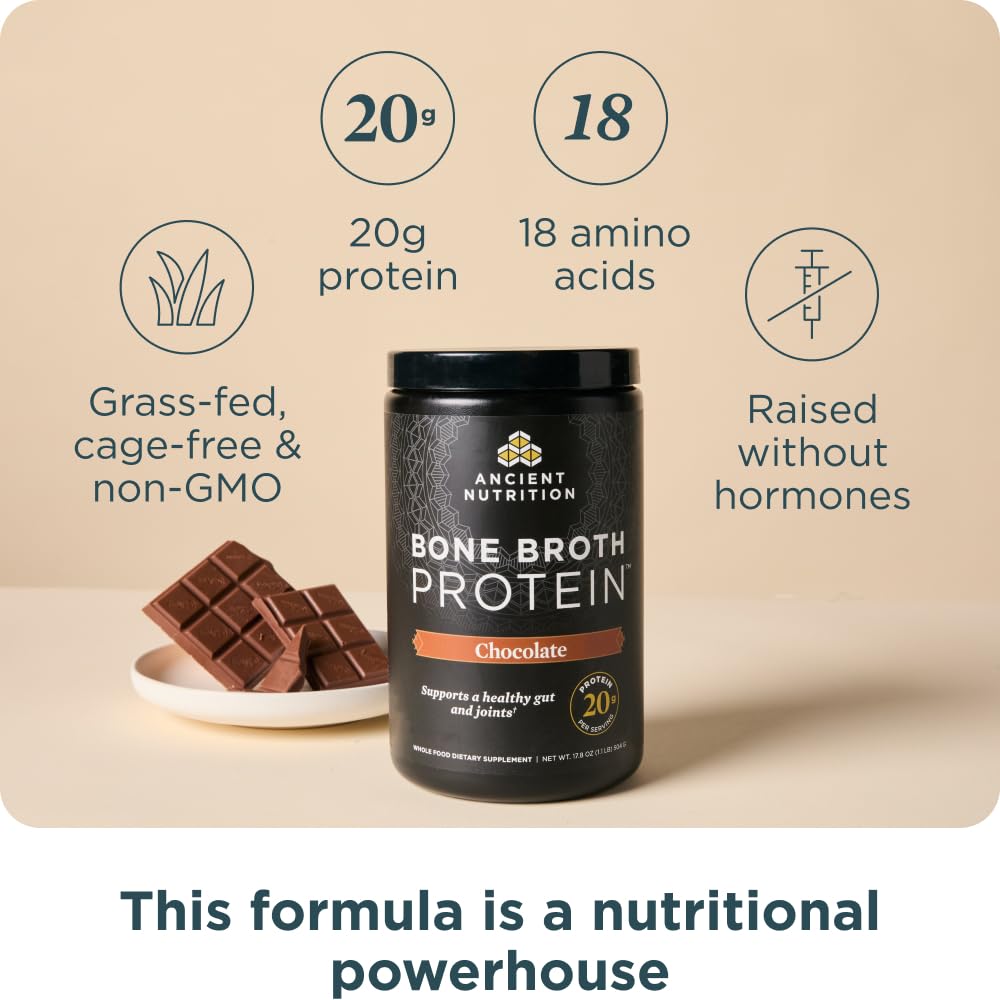 Ancient Nutrition bone broth protein powder chocolate scoop showcases convenient serving