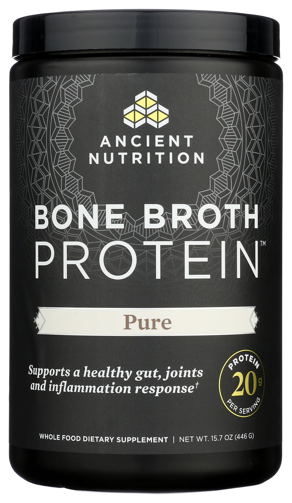 Ancient Nutrition bone broth protein chocolate powder scoop enriched shakes