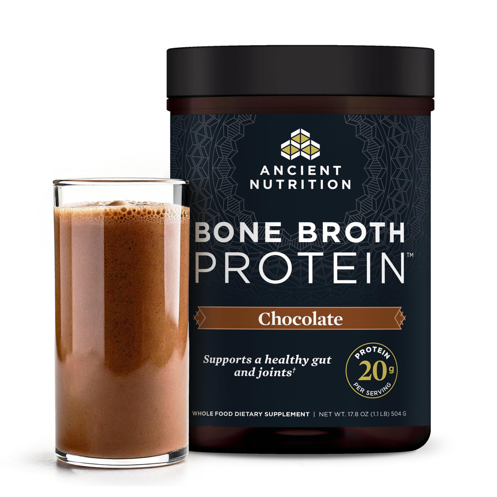 Ancient Nutrition bone broth protein powder chocolate tub front highlights protein-packed formula