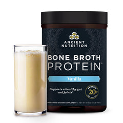 Ancient Nutrition vanilla bone broth protein powder jar for convenient daily protein boost.