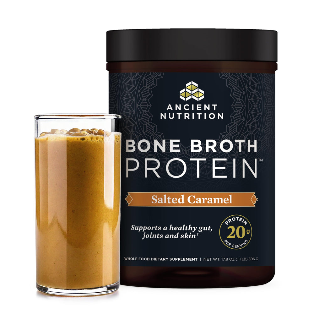 Ancient Nutrition Bone Broth Protein Salted Caramel powder pack for daily protein.