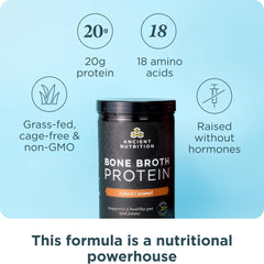 Ancient Nutrition Bone Broth Protein scoop shows easy serving size for shakes.
