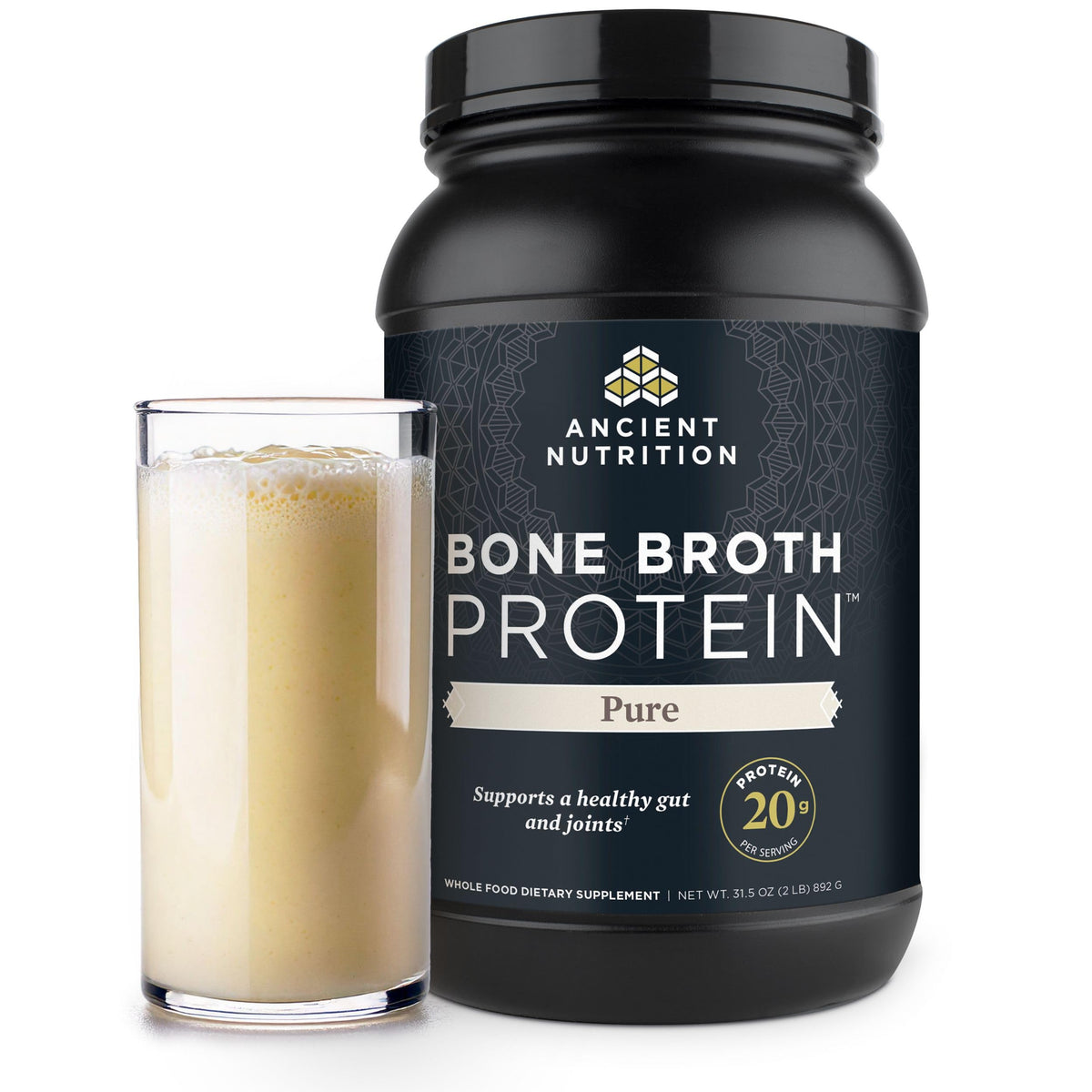 Ancient Nutrition bone broth protein powder vanilla jar; ideal for smoothies and quick protein boosts.