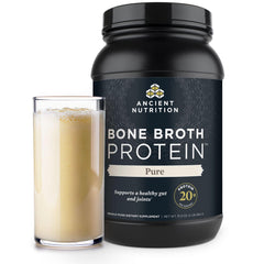 Ancient Nutrition bone broth protein powder vanilla jar; ideal for smoothies and quick protein boosts.