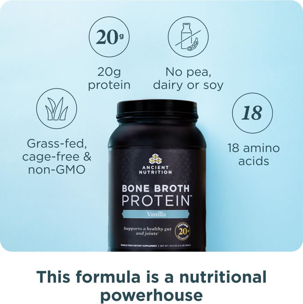 Ancient Nutrition bone broth protein vanilla scoop for easy measuring.