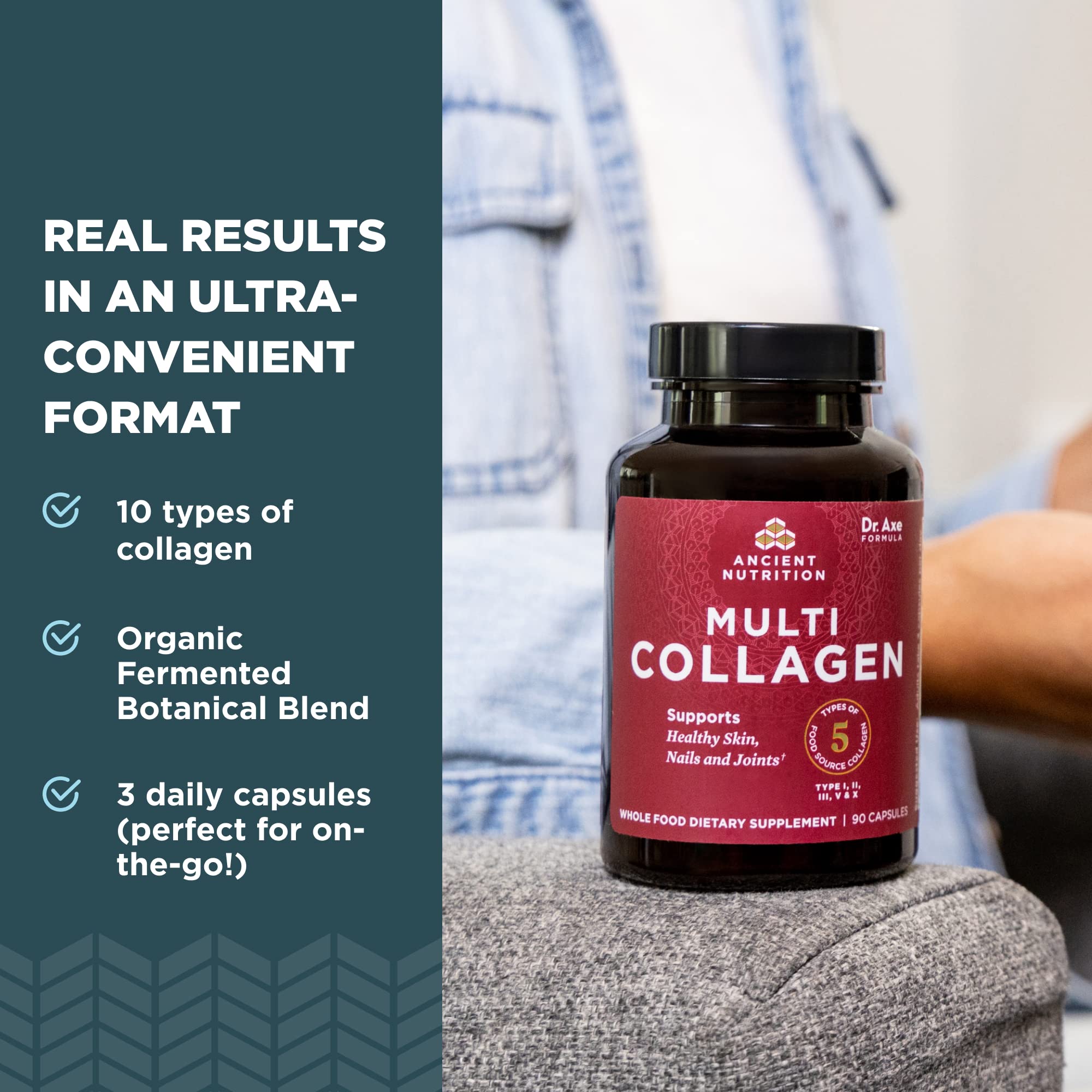 Close up of Ancient Nutrition capsules, convenient daily dosage.