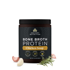 Ancient Nutrition bone broth protein powder tub ready for hot drinks.