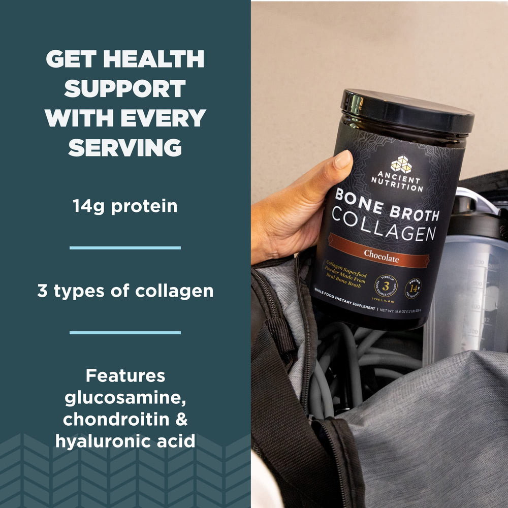 Chocolate collagen shake prepared with Ancient Nutrition in a glass.