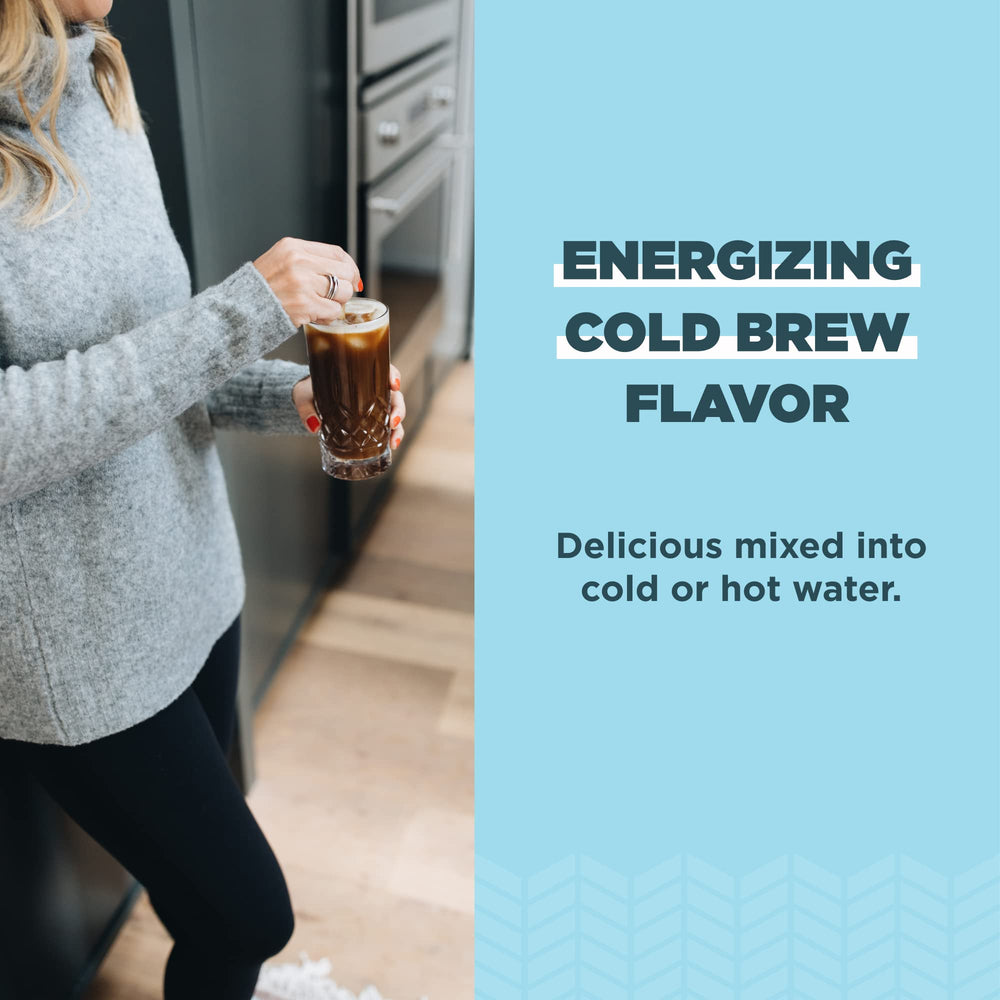 Ancient Nutrition cold brew collagen in a coffee glass for a convenient energy-boosting drink.