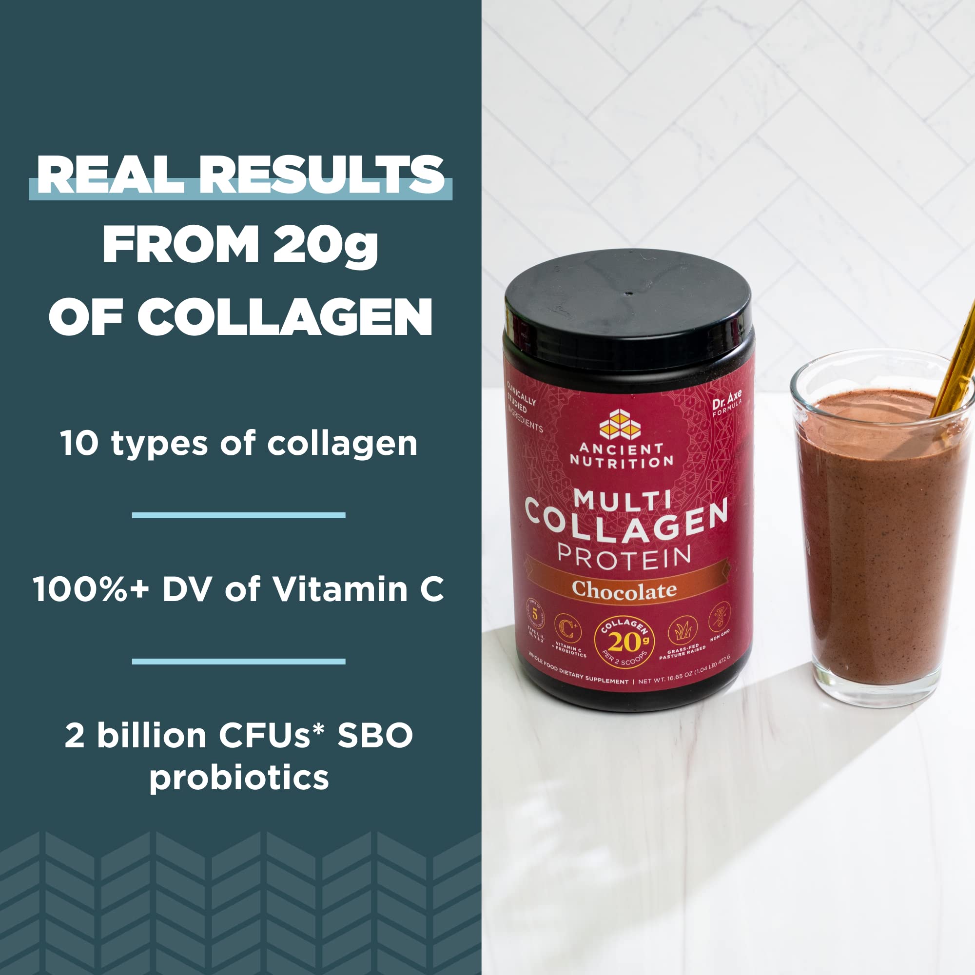 Ancient Nutrition collagen chocolate label informs ingredients and benefits