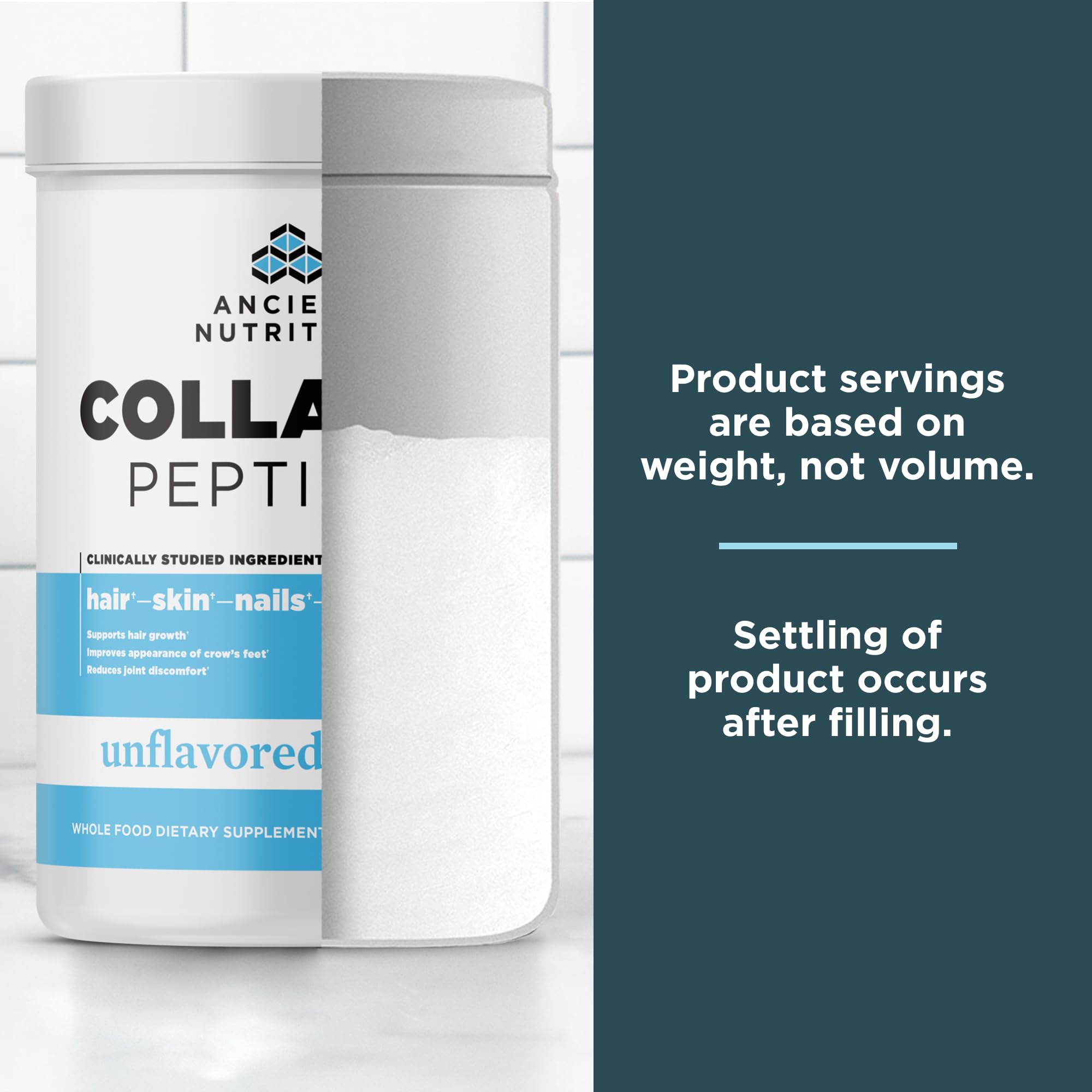 Ancient Nutrition Collagen Peptides bottle with glass for your morning routine.
