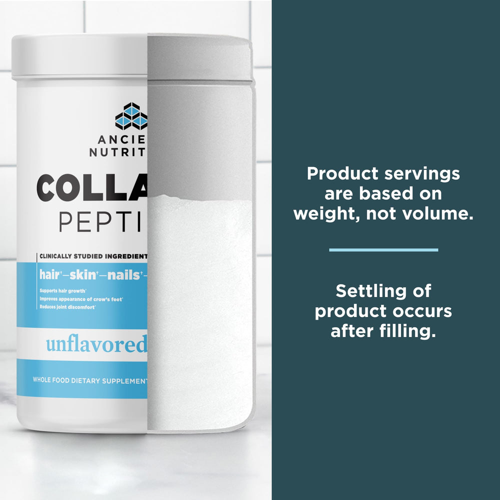 Ancient Nutrition Collagen Peptides bottle with glass for your morning routine.