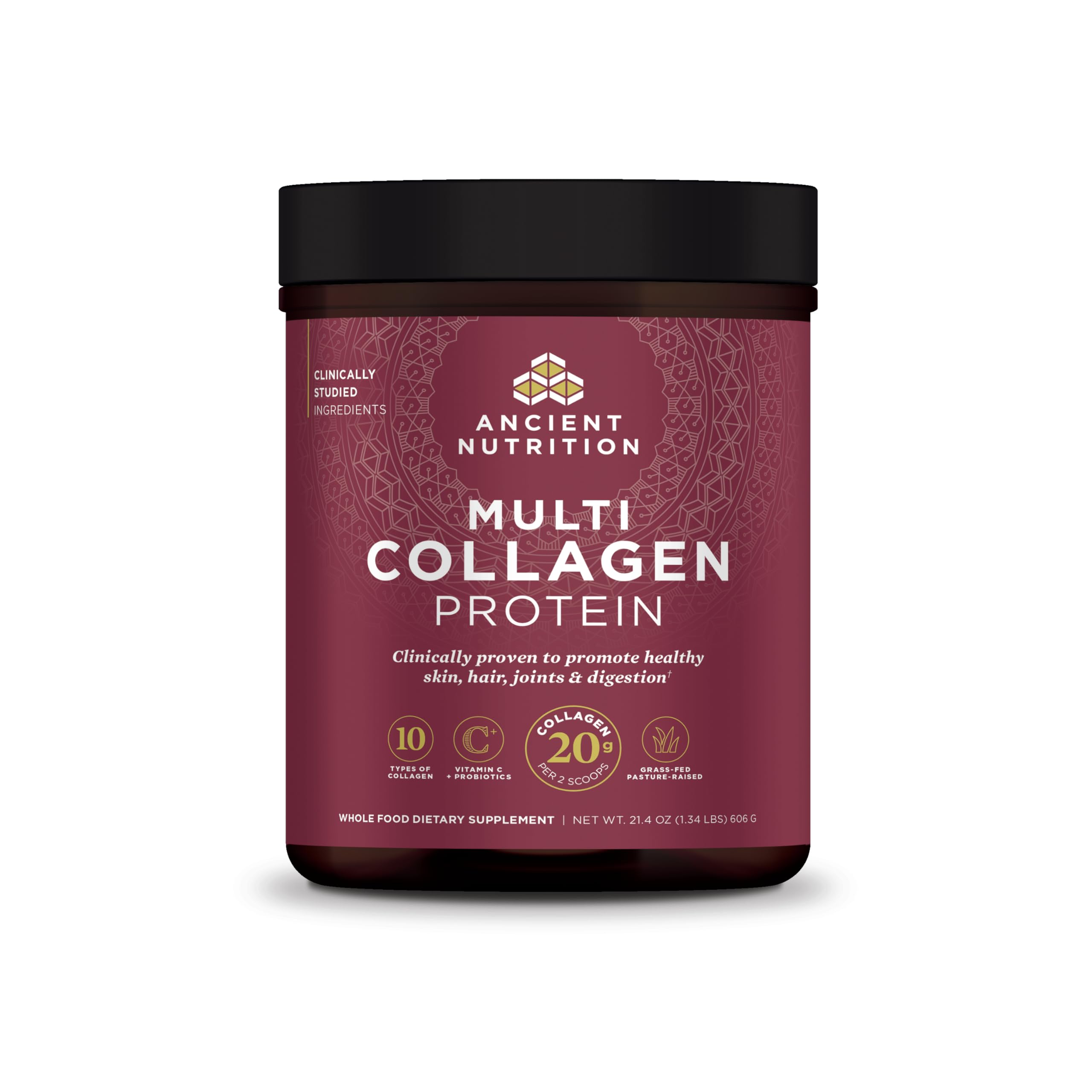 Ancient Nutrition Collagen Peptides powder in a jar for daily skin and joint support.