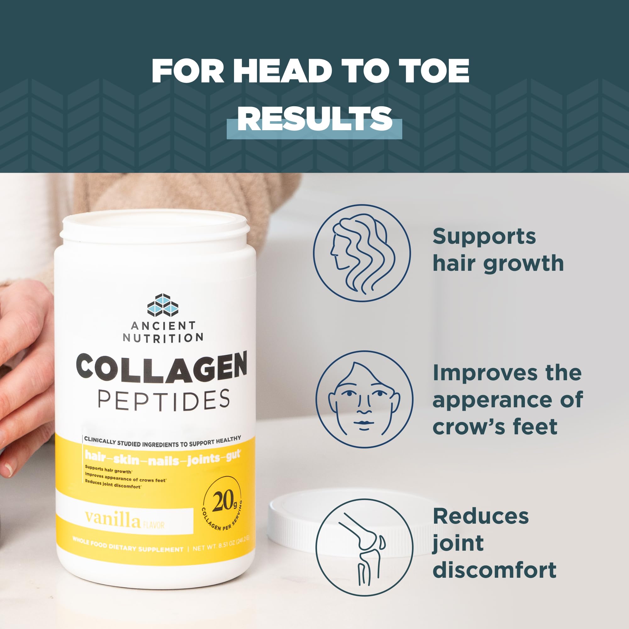 Ancient Nutrition Collagen Peptides Vanilla glass jar close-up with keto-friendly labeling