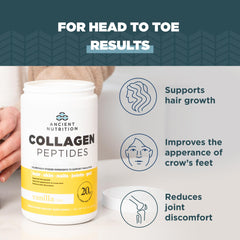Ancient Nutrition Collagen Peptides Vanilla glass jar close-up with keto-friendly labeling