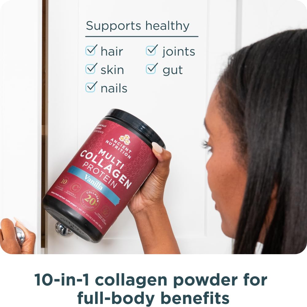 Ancient Nutrition Collagen Peptides Vanilla probiotics panel signals gut-friendly SBO strains.