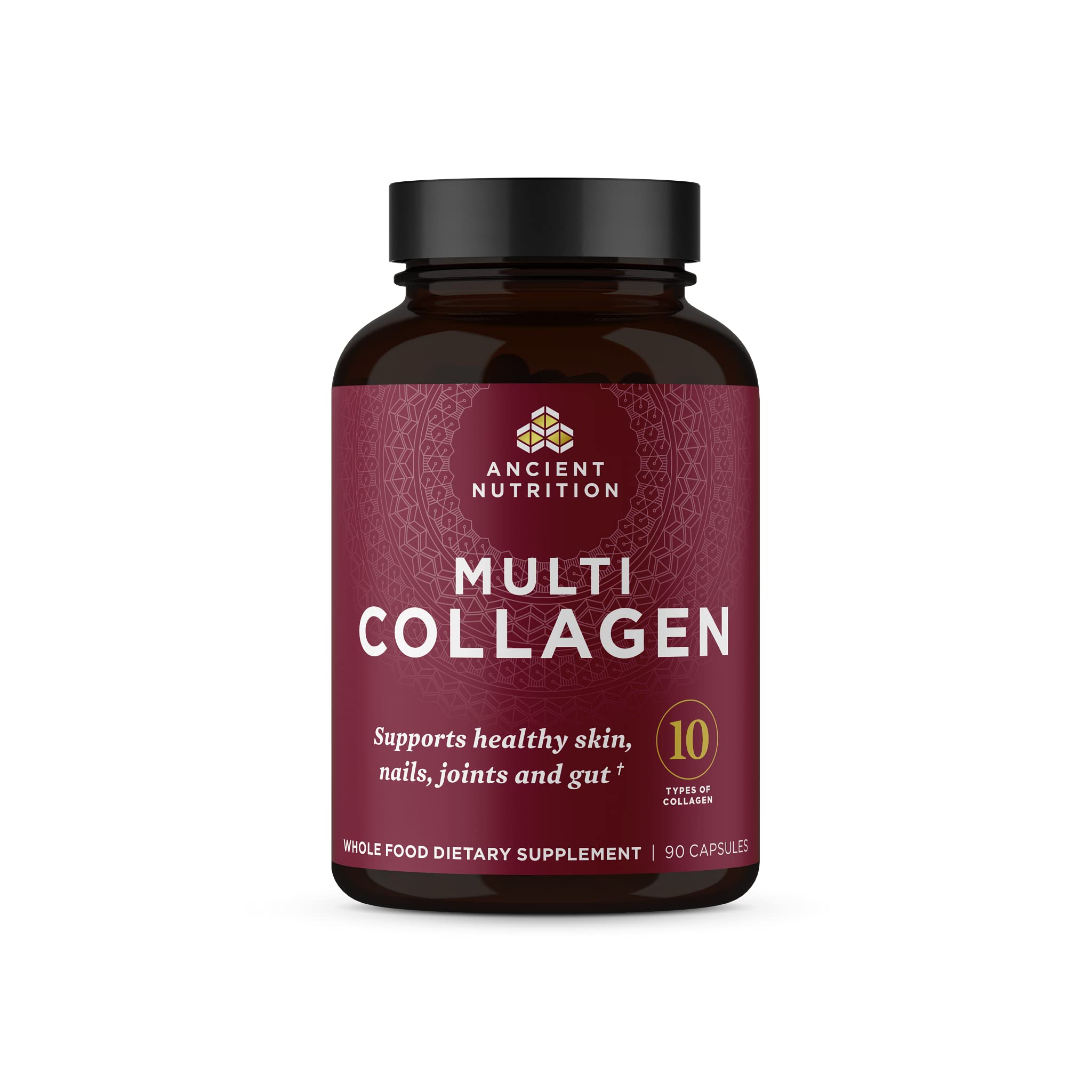 Ancient Nutrition collagen pills bottle shows easy daily capsules for skin and joint support.