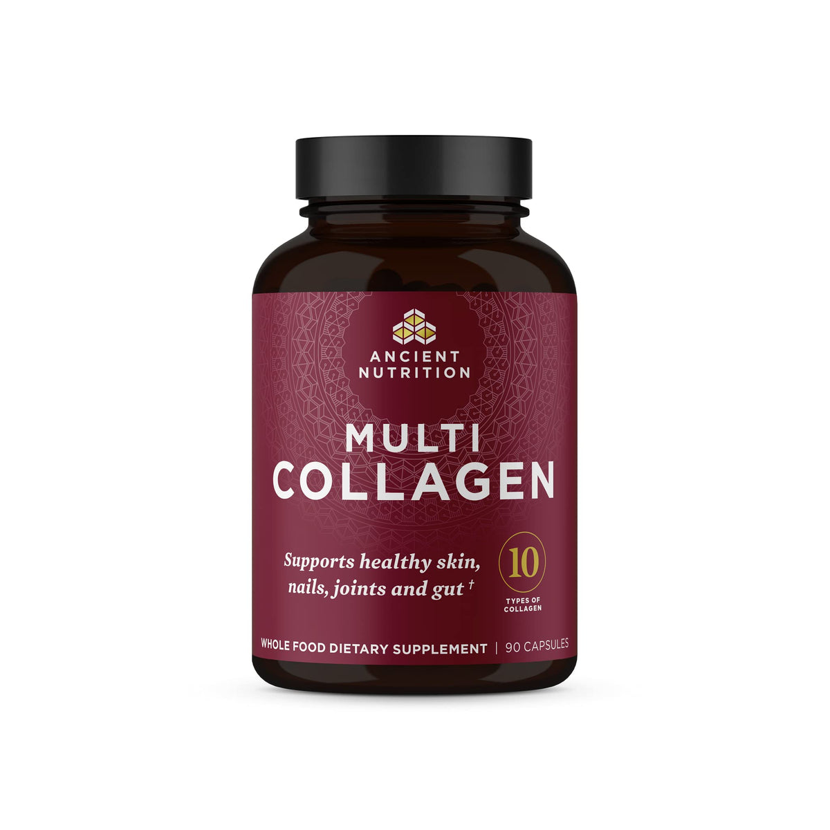 Ancient Nutrition collagen pills bottle shows easy daily capsules for skin and joint support.