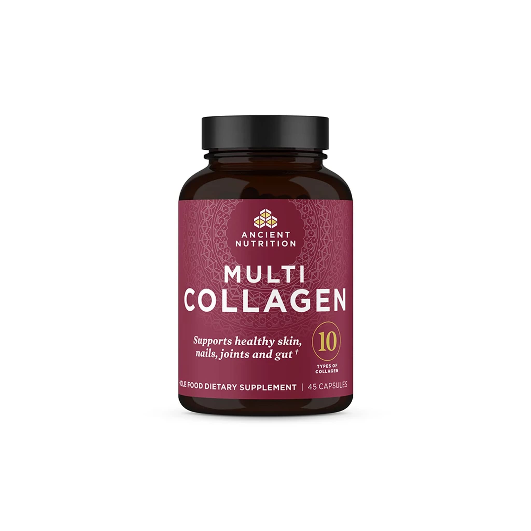 Ancient Nutrition collagen pills bottle highlighting multi-collagen for skin and nails.