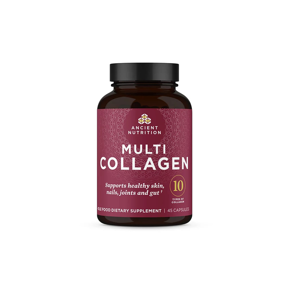 Ancient Nutrition collagen pills bottle highlighting multi-collagen for skin and nails.