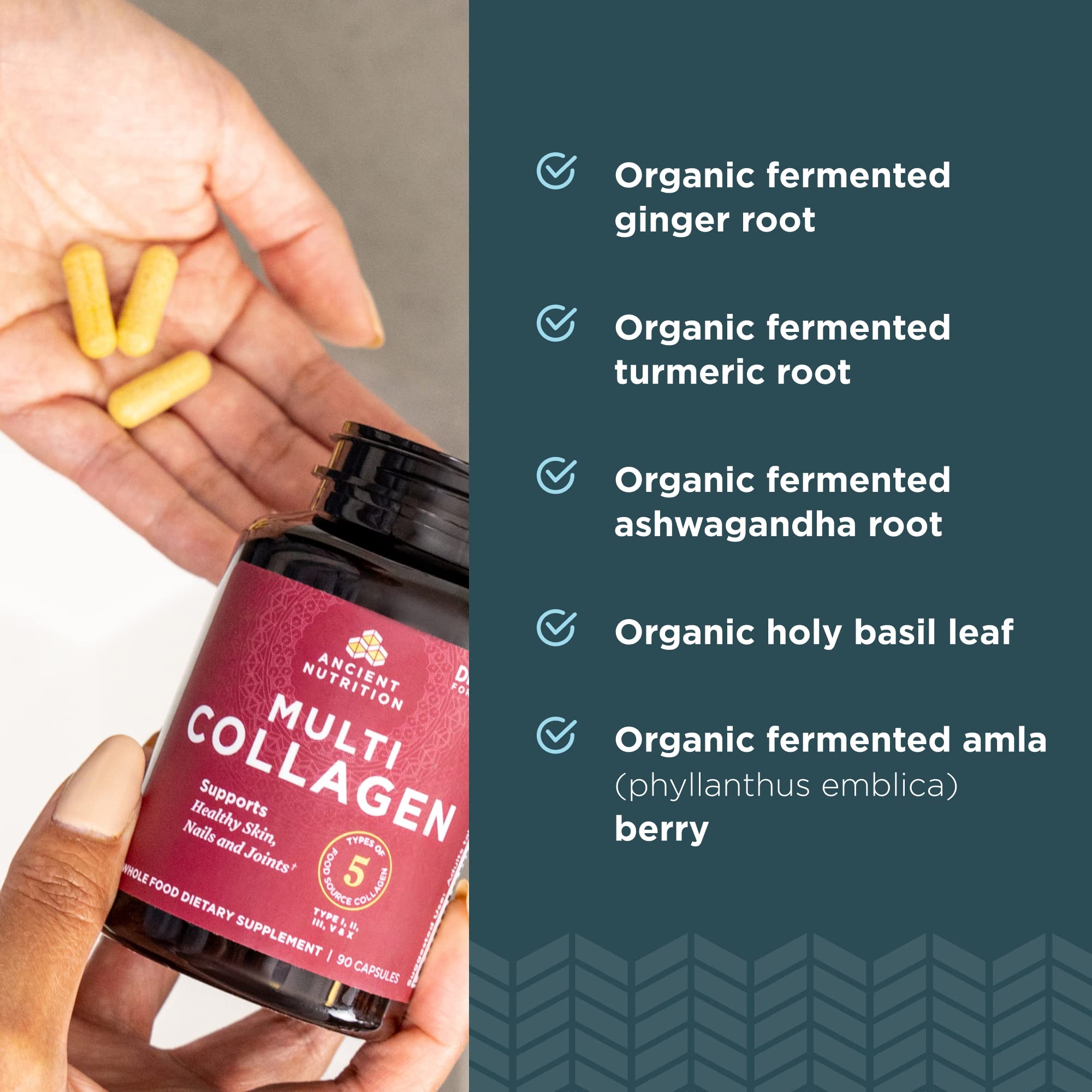 Close-up of Ancient Nutrition collagen pills in a bottle closeout.
