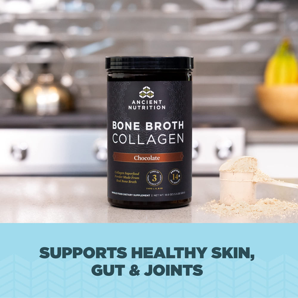 Pouring Ancient Nutrition collagen into a shake for fast blend.