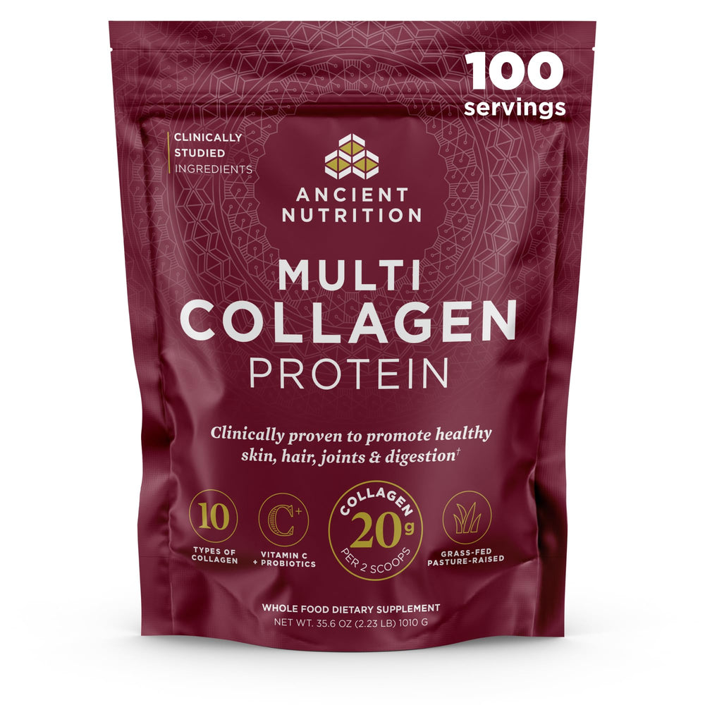 Ancient Nutrition collagen powder bottle shows multi-collagen benefits for skin and joints.