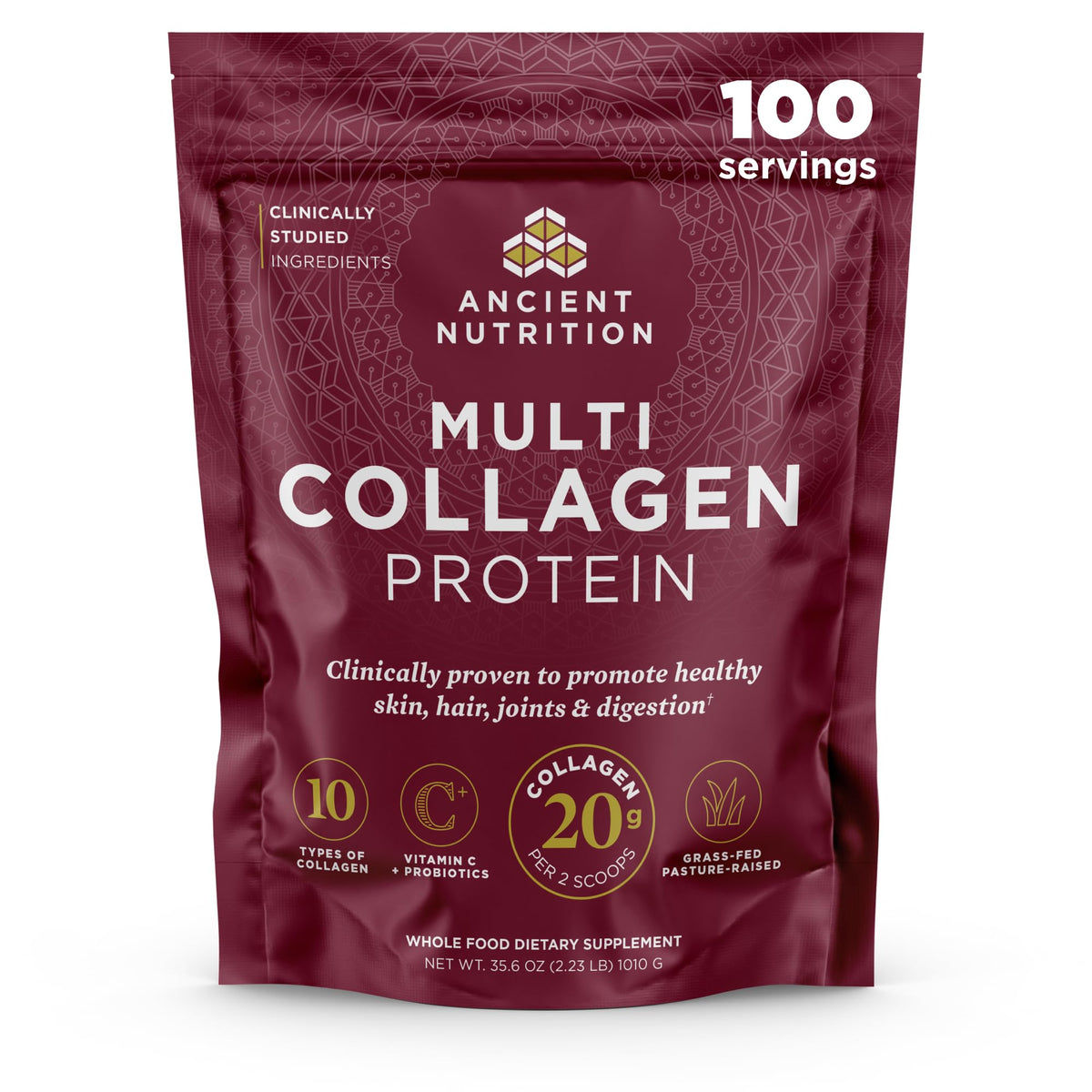 Ancient Nutrition collagen powder bottle shows multi-collagen benefits for skin and joints.