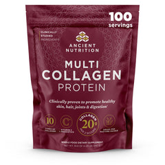 Ancient Nutrition collagen powder bottle shows multi-collagen benefits for skin and joints.