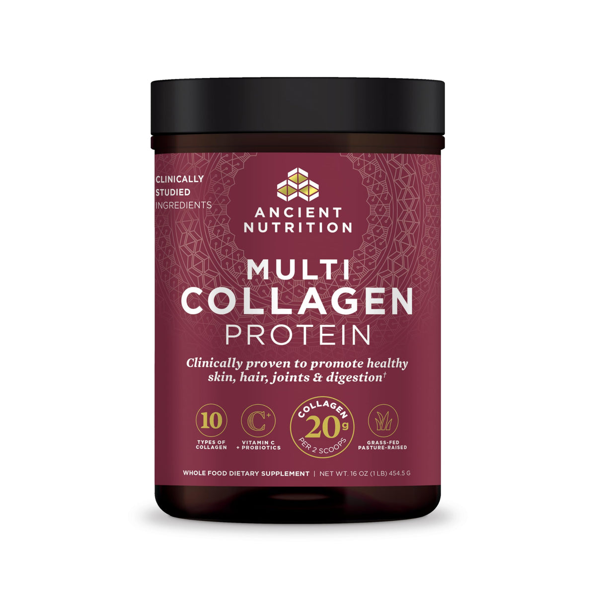 Ancient Nutrition collagen powder jar: unflavored formula for daily beauty and gut support
