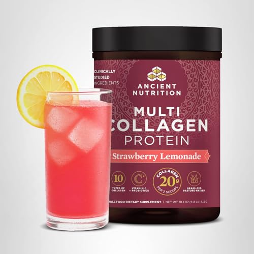 Scoop beside glass of strawberry lemonade collagen ready to drink.