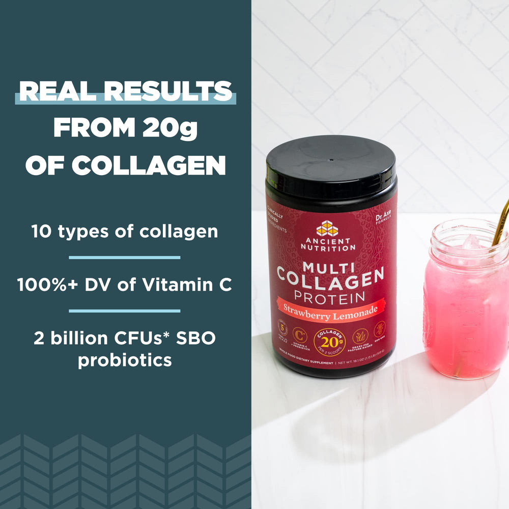 Ancient Nutrition collagen powder scoop beside tub for easy daily use.