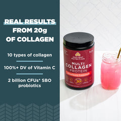 Ancient Nutrition collagen powder scoop beside tub for easy daily use.